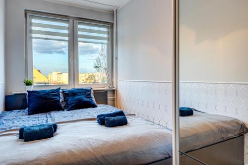 - une chambre avec 2 lits et une fenêtre dans l'établissement Apartament Szczecin Kobalt - Urząd Miasta, à Szczecin