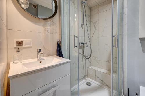La salle de bains est pourvue d'un lavabo et d'une douche. dans l'établissement Apartament Szczecin Kobalt - Urząd Miasta, à Szczecin