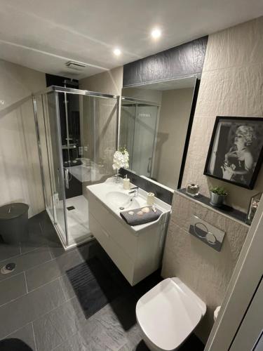 La salle de bains est pourvue d'un lavabo, d'une douche et de toilettes. dans l'établissement Piso nice centro Sanxenxo, à Sanxenxo