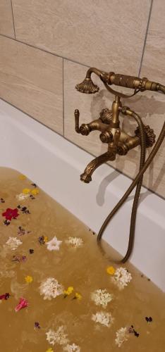 a bath tub filled with dirty water with a faucet at Dreisessel Motel in Haidmühle