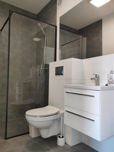 a white bathroom with a toilet and a shower at Hullo in Lubawa