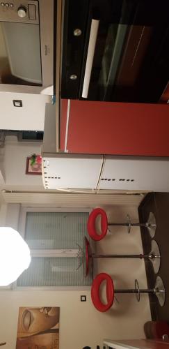 a kitchen with red onions hanging from the ceiling at Appartement privée Lyon 3 in Lyon