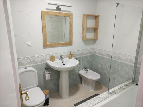 ein Badezimmer mit einem Waschbecken, einem WC und einem Spiegel in der Unterkunft Amaral Playa Jardín in Boiro