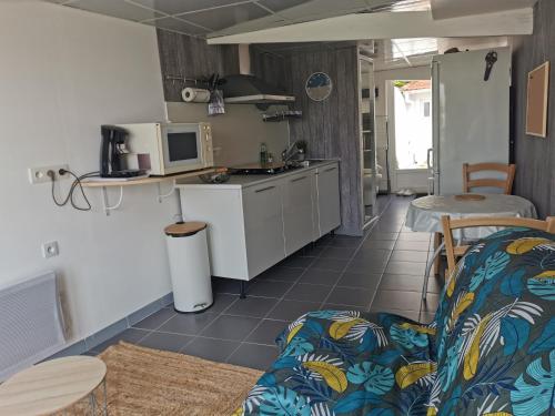 une cuisine et un salon avec un canapé dans l'établissement Studio indépendant à BOURGNEUF-EN-RETZ vue sur les Marais à 5 mn des plages, à Bourgneuf-en-Retz