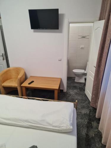 a room with a bed and a table and a toilet at Casa Sofia in Anina