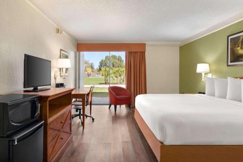 a hotel room with a bed and a desk and a television at Baymont by Wyndham Intl Speedway I-95 Daytona Beach in Daytona Beach