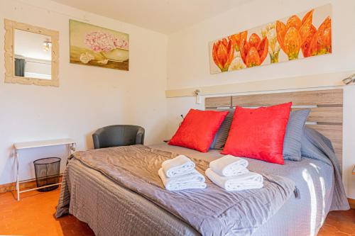 a bedroom with a bed with red and blue pillows at Domaine de l'Aufrene in Hyères