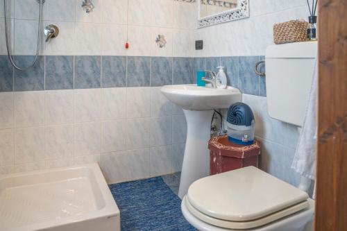 La salle de bains est pourvue de toilettes blanches et d'un lavabo. dans l'établissement 036 - La Casa di PIETRA Maissana Relax e Natura, à Chiama