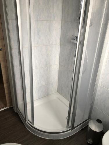 a shower with a glass door in a bathroom at Appartement Sonnenstrahl Ferienhaus Fuenf Sinne in Döbriach