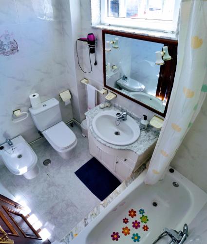 a bathroom with a sink and a toilet and a mirror at Apartamentos Playa Monte Pindo - Morada Druida in O Pindo