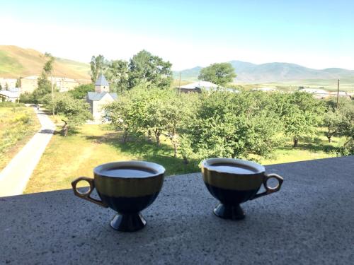 two cups sitting on top of a table with a view at Guesthouse Chambarak in Chambarak