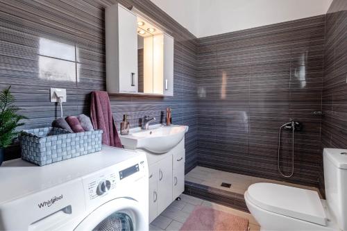 a bathroom with a washing machine and a sink at Eftychia's Garden House in Kompítsion