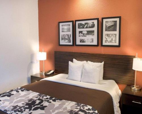 a bed in a hotel room with pictures on the wall at Sleep Inn O'Fallon near I-64 in O'Fallon