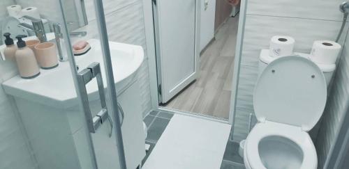 a white bathroom with a toilet and a sink at Apartman Square in Mostar
