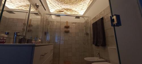 y baño con ducha, aseo y lavamanos. en Casa Do Pescador, en Olhão