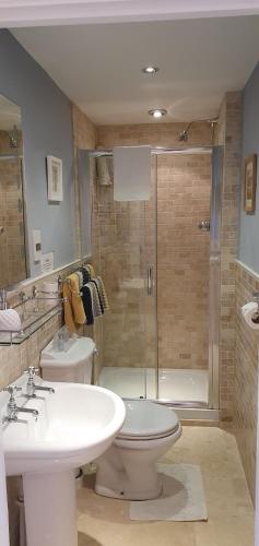 a bathroom with a shower and a toilet and a sink at The Limes in Stow on the Wold