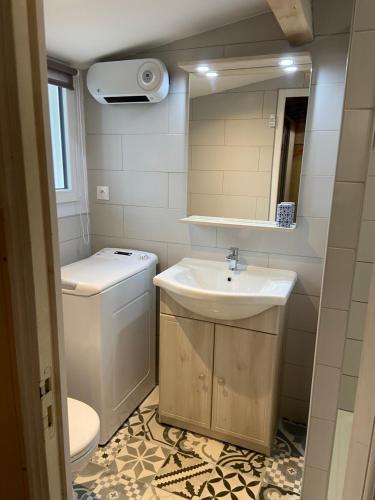 La petite salle de bains est pourvue d'un lavabo et de toilettes. dans l'établissement La DAURADELLE, à Port-Saint-Louis-du-Rhône