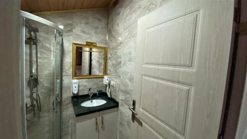 a bathroom with a shower and a sink and a door at Ayder Resort Hotel in Ayder Yaylasi