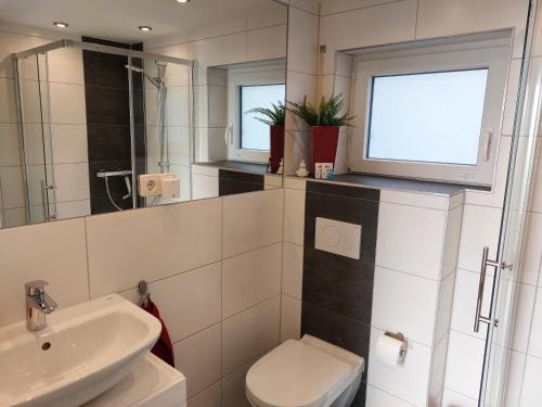 łazienka z umywalką, toaletą i oknem w obiekcie Fewo Haus Hutzelbuck in idyllisch-grüner Lage nähe AN w Ansbach