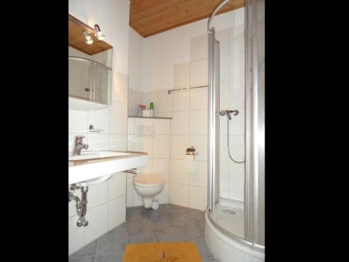 y baño con ducha, aseo y lavamanos. en Ferienwohnung Nr 26, Appartementhaus-Hintermoos, Maria-Alm, Österreich, en Bachwinkl