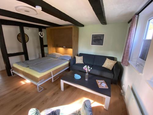 a living room with a couch and a bed at Ferienwohnung "kleine Auszeit" in Olsberg