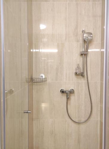 a shower with a glass door in a bathroom at Spa Residence Carbona EmDoNa Luxury Apartment in Hévíz