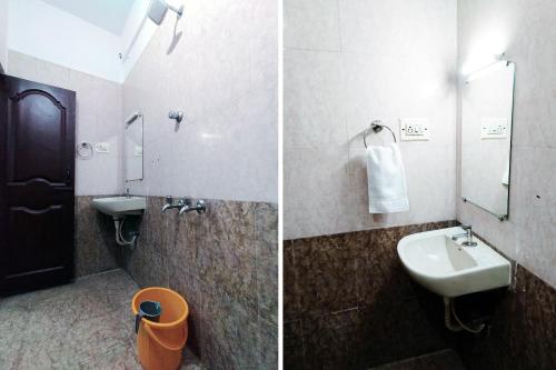 two pictures of a bathroom with a sink and a mirror at Royal Green Residency Chennai Airport in Chennai