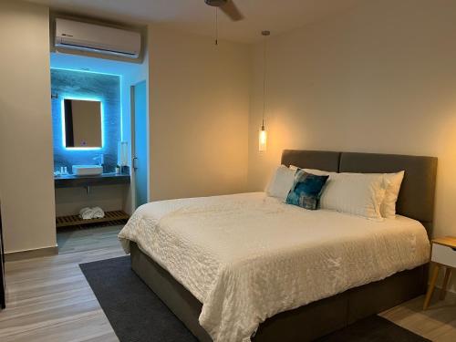ein Schlafzimmer mit einem großen Bett und einem Fenster in der Unterkunft The Cove Boutique Hotel Adults Only in Puerto Peñasco