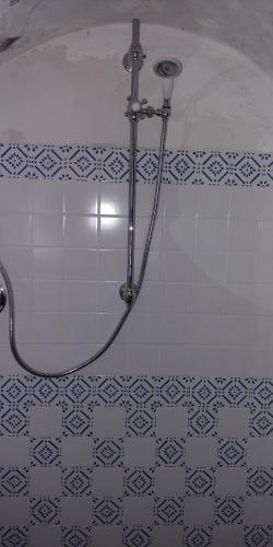 e bagno con doccia e piastrelle bianche e blu. di Villa Diana a Fiumefreddo di Sicilia