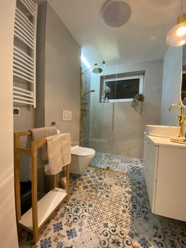 a bathroom with a shower and a toilet and a sink at Boosko Me in Busko-Zdrój