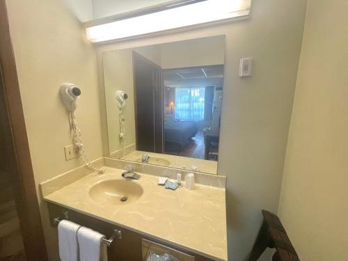 a bathroom with a sink and a large mirror at Eureka Springs Heritage Motel in Eureka Springs