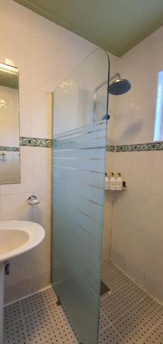 a glass shower in a bathroom with a sink at Jeju Skyline Pension in Jeju