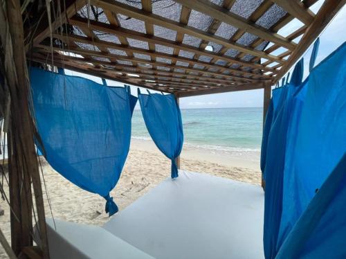 a view of a beach with blue umbrellas at Cabañas Palos Locos in Baru