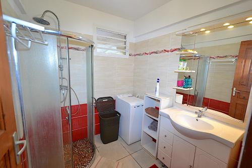 a bathroom with a shower and a sink at Aux petits flots in Le Gosier