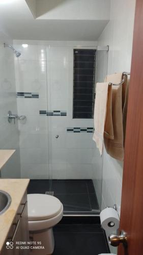 een badkamer met een douche, een toilet en een wastafel bij Habitación en apartamento con ubicación estratética mejor sector sur in Cali