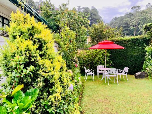 a table and chairs with an umbrella in a garden at Miliya Guest House in Nuwara Eliya