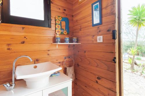 a bathroom with a sink and a wooden wall at Moinho da Amélia in Cadaval