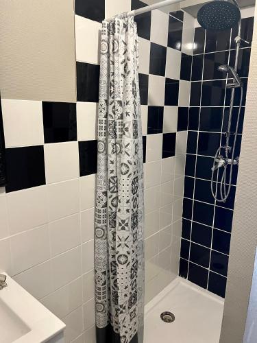 une salle de bain avec une douche avec un rideau de douche dans l'établissement Appart Chez NONO, à Patornay