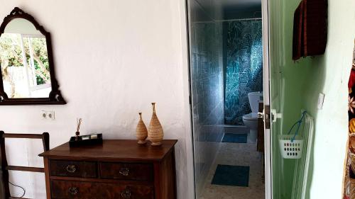 uma casa de banho com dois vasos sentados numa mesa de madeira em B&B Casa Rubí em Alhaurín de la Torre