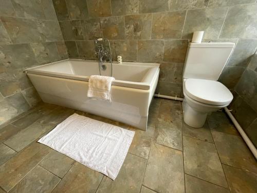a bathroom with a white tub and a toilet at Cheerful 2 Bedroom Townhouse with Cinema Loft in Pembrokeshire