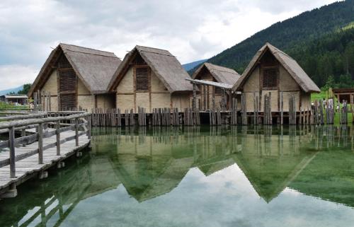 un grupo de edificios de madera sentados junto a un lago en Albergo Genzianella, en Fiavè