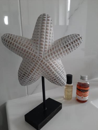 a plastic star on a counter with a bottle of honey at Suite Yves Klein - proche gare et centre-ville- entrée privée in Remiremont