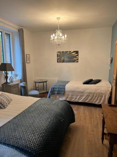 a hotel room with two beds and a chandelier at Château Ségot in Neuilly-le-Réal