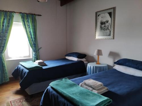 a bedroom with two beds with blue sheets at Jacomanzi in Plathuis