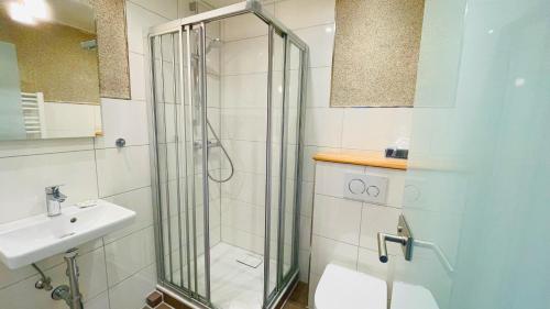 a bathroom with a shower and a toilet and a sink at Landhotel Edersee in Waldeck