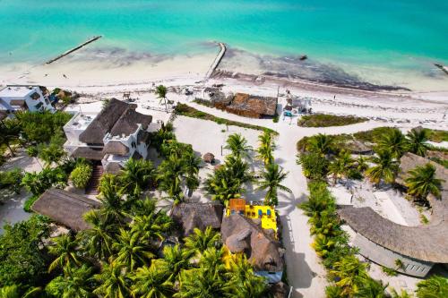 an aerial view of a resort with palm trees and the beach at Casa Luz Beach Front Holbox in Holbox Island