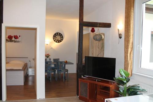 a living room with a flat screen tv and a living room at Murphy's Zimmer und Apartments in Bad Suderode