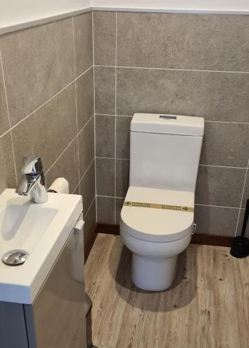 a bathroom with a white toilet and a sink at Casa Beira Rio in Viana do Castelo