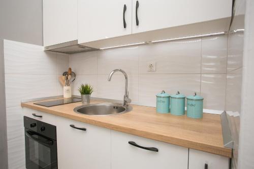 eine Küche mit Spüle und zwei blauen Behältern in der Unterkunft Apartment Vallissurda in Nečujam