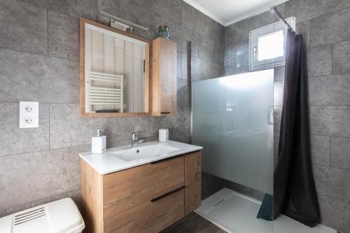 a bathroom with a sink and a shower and a toilet at Le Brec in Barcelonnette